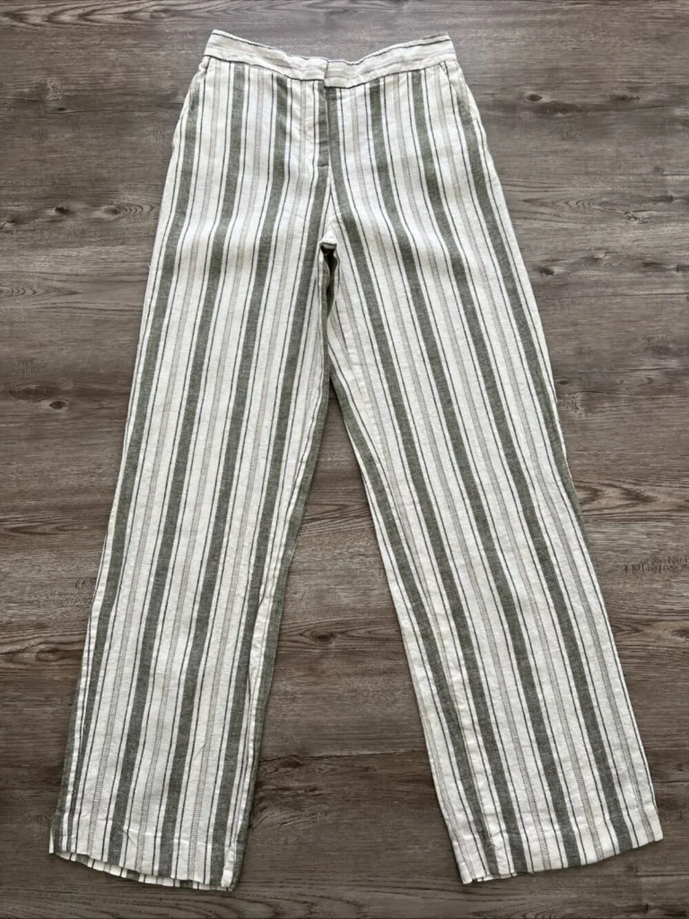 Zara Linen Blend Wide Leg Trousers Womens XS Cream Stripe High Waist Full Length